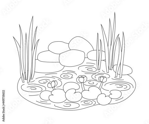 Pond with water lilies and reeds in a simple graphic outline style. Isolated vector linear hand-drawn illustration of small reservoir with aquatic plants, stones and rain circles on the water