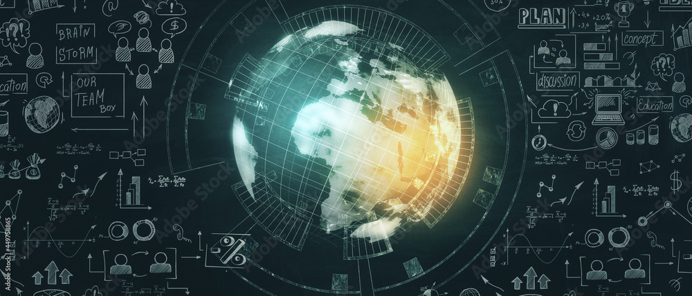Obraz premium Creative business sketch and globe hologram on chalkboard wall background. Success, network and brainstorm concept. 3D Rendering.
