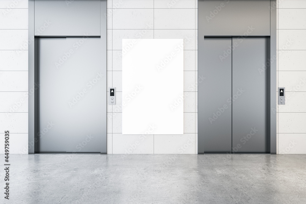 Modern office lobby interior with steel elevators, empty banner, concrete flooring and tile wall. Mock up, 3D Rendering. Modern office lobby interior with steel elevators, empty banner, concrete flooring and tile wall. Mock up, 3D Rendering.