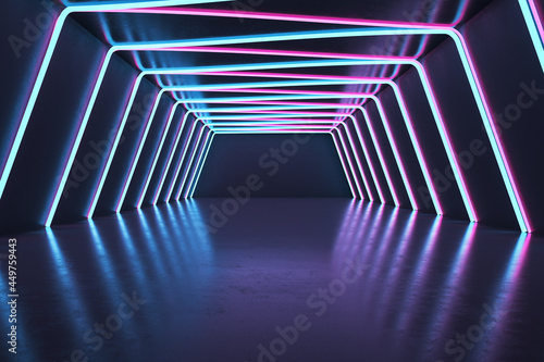 Dark futuristic interior with neon lights. Design concept. 3D Rendering.