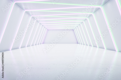 White futuristic interior with neon lights. Design concept. 3D Rendering.