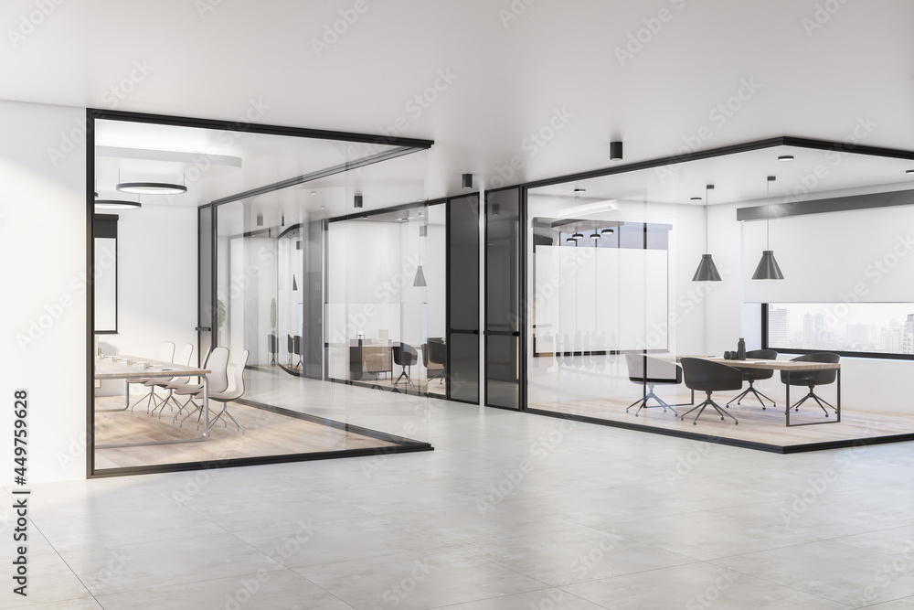Modern glass meeting room interior with furniture, equipment, empty presentation posters and window with city view. 3D Rendering. - obrazy, fototapety, plakaty 