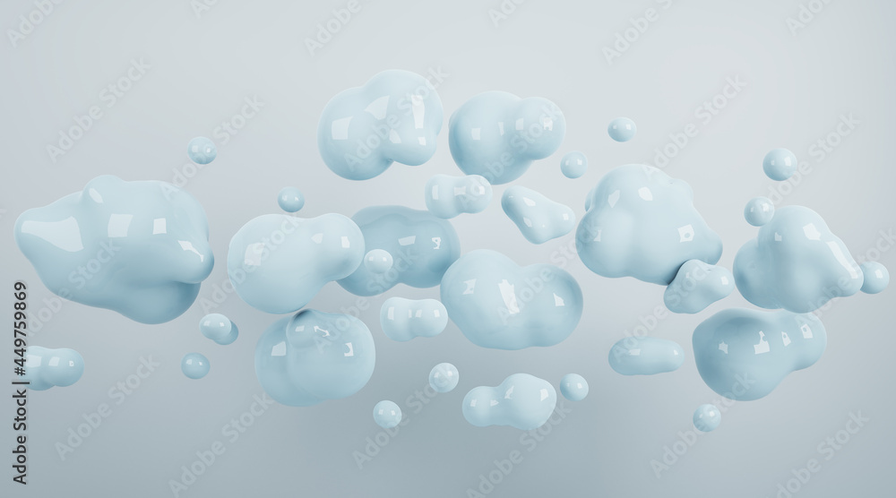 Abstract blue bubbles on concrete wall background. Design and exhibition concept. 3D Rendering.