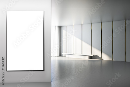 Modern bright concrete interior with empty white mock up banner on wall, bench and window with city view. Gallery concept. 3D Rendering.