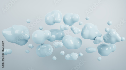 Abstract blue bubbles on concrete wall background. Design and exhibition concept. 3D Rendering.
