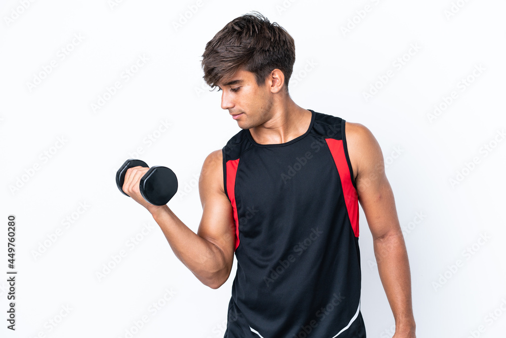 Young caucasian man isolated on white background making weightlifting
