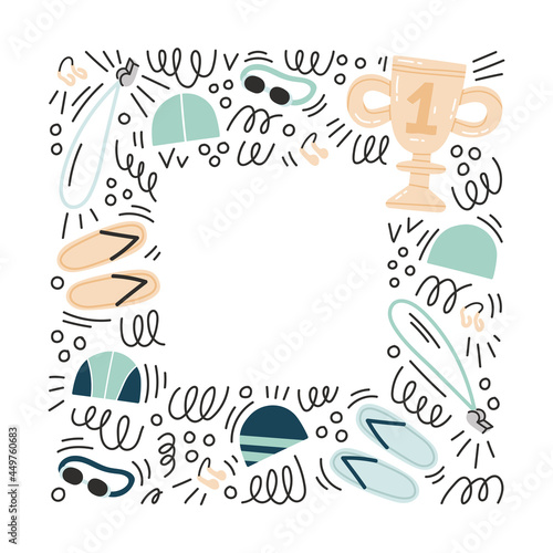 Hand drawn square doodle frame with equipment for swimming. Isolated flat vector illustration with equipment such as googles, nose clip, swimming slipper etc. Template. Sport and swimming pool concept