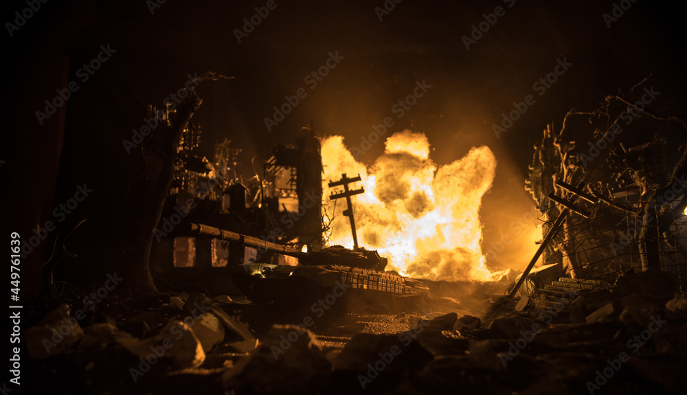 Fototapeta premium War Concept. Military silhouettes fighting scene on war fog sky background, World War Soldiers Silhouette Below Cloudy Skyline At night. Battle in ruined city.