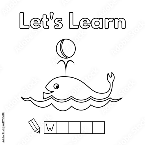 Cartoon whale learning game for small children - color and write the word. Vector coloring book pages for kids