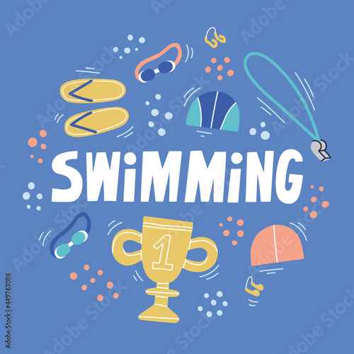 Sport hand drawn doodle lettering oт white background. Nice vector illustration. Isolated flat vector illustration with necessary equipment such as google glass, nose clip, swimming slipper etc. 