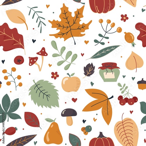 Bright autumn seamless pattern. Apple, pear, pumpkin, rowan, leaves, fruits, twigs, jam jar, mushrooms. Autumn. Bright colors. Vector illustration