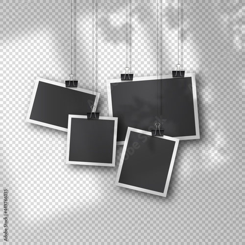 Hanging photo set in vintage style on soft transparent background.