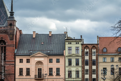 Tenement houses on the main square of historic part of Torun city, Poland