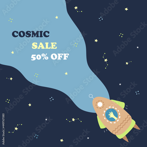 Rocket flies in outer space. Cosmic sale vector template for marketing design.