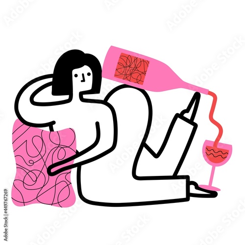 Vector illustration with woman, wine glass and pink bottle of red wine. Funny outline print design