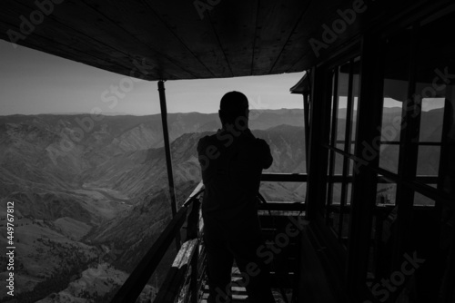 Silhouette of a Man in the Fire Tower in Hells Canyon, Oregon