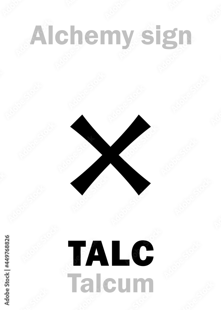 Obraz premium Alchemy Alphabet: TALC (Talcum), soft clayey transparent mineral, incl. mica. Hydrated Magnesium silicate: Chemical formula=[Mg₃Si₄O₁₀(OH)₂]. Alchemical sign, Medieval symbol.