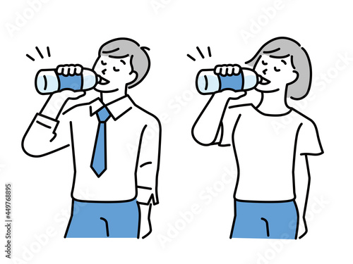 水分補給をする男女のイラスト(夏、熱中症、水を飲む、休憩、健康、予防、清涼) Illustrations of men and women hydrating . summer, heat stroke, drinking water, resting, health, prevention, refreshing.