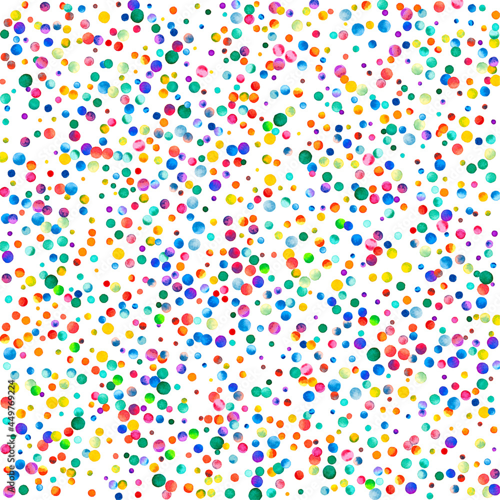 Watercolor confetti on white background. Admirable rainbow colored dots. Happy celebration square colorful bright card. Good-looking hand painted confetti.