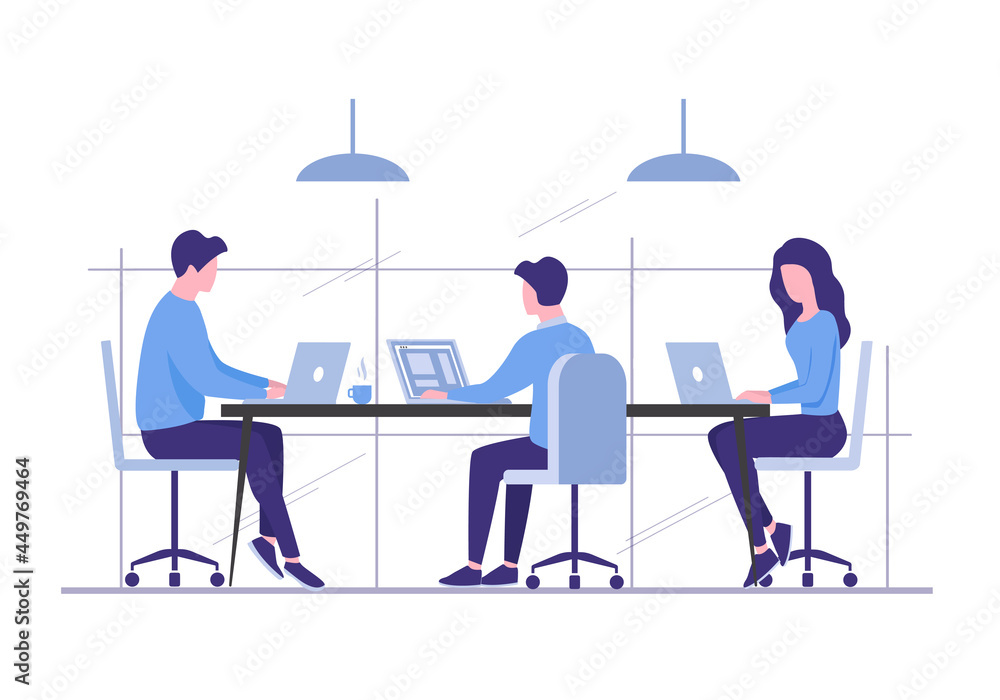 Office people teamwork concept. Communication and brainstorming. Colored flat illustration. Isolated on white background. - obrazy, fototapety, plakaty 