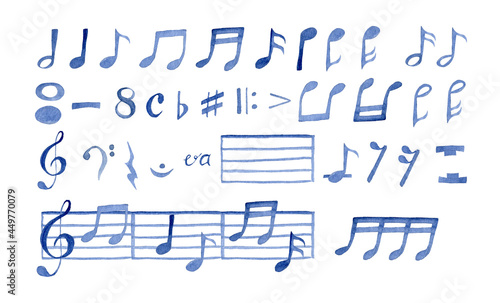 Watercolor Music Notes for Piano. Hand painted doodle illustrated. Big set. Blue Color on white background