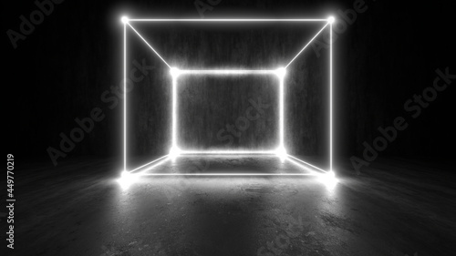 A dark hall lit by white neon lights. Reflections on the floor and walls. 3d rendering image.