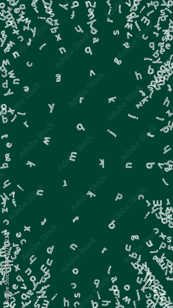 Falling letters of English language. Childish chalk flying words of Latin alphabet. Foreign languages study concept. Good-looking back to school banner on blackboard background. Falling letters of English language. Childish chalk flying words of Latin alphabet. Foreign languages study concept. Good-looking back to school banner on blackboard background.