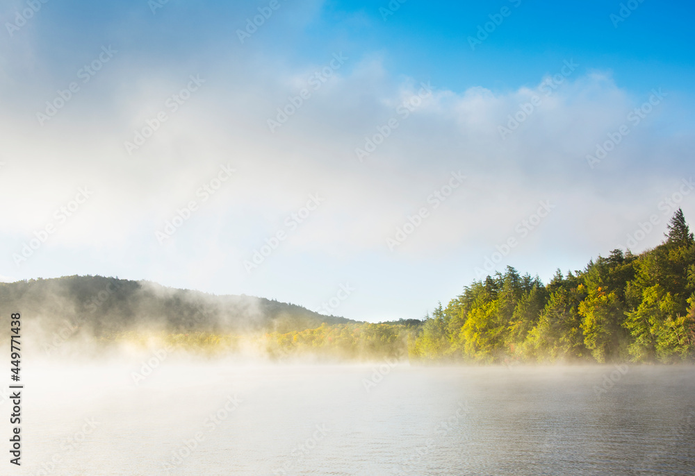 Usa, New York State, North Elba, Morning fog over Placid Lake Usa, New York State, North Elba, Morning fog over Placid Lake