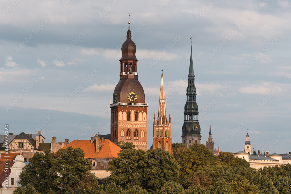 View of the Riga Cathedral Dome, St. Peter's Church, Latvian Academy of Sciences. Riga is the capital city of Latvia, famous European baltic country