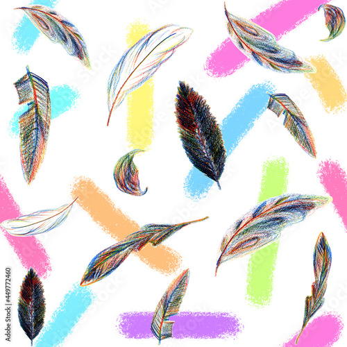 Feathers pencil drawing with colorful background. Seamless pattern with hand drawn elements. Colorful feathers print
