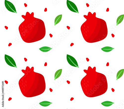 Pomegranate with leaves and seeds seamless pattern vector isolated on white background. Design for wrapping paper, garnet juice, cosmetics, textile, decoration, design, wrapping paper, wallpaper.
