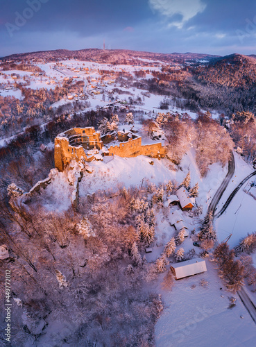 Poland, Subcarpathia, Odrzykon, Aerial view of ruins of Kamieniec Castle in winter photo