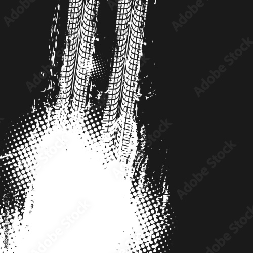Car tire grungy tracks, vehicle wheel marks background. Tyre rubber trails, off-road car dirty treads. Motorsport or transport grunge vector background with truck protector treads and halftone pattern