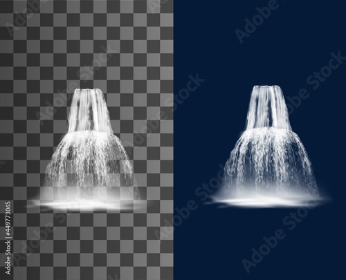 Waterfall cascade, vector water fall streams, realistic pure falling jets with fog. Fountain natural design elements. 3d falling waterfall, streaming water isolated on transparent or blue background