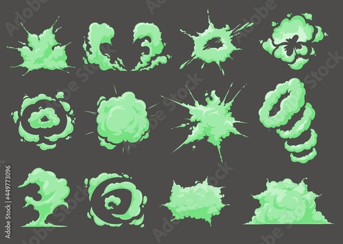 Cartoon bad green smell, stench, stink smoke. Disgusting stinky breathing, fart, spoiled rotten food odor. Curly fume trails, rings garbage vapor toxic clouds scent, gas vapor isolated vector set