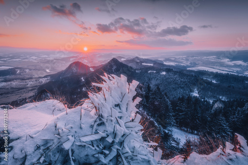 Poland, Lesser Poland, Mountain landscape in Pieniny National Park at sunset photo