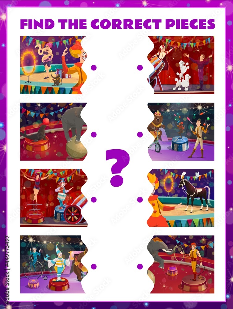 Vetor do Stock: Find correct pieces of circus characters kids game ...