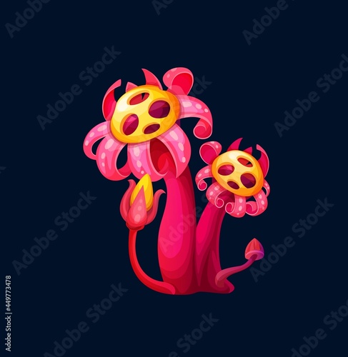 Fantasy magic red flower mushroom, cartoon fairy plant. Vector unusual fungi with curly petals and buds on stipe. Fairytale element for ui game interface, alien flora, hallucinogenic mushroom plant