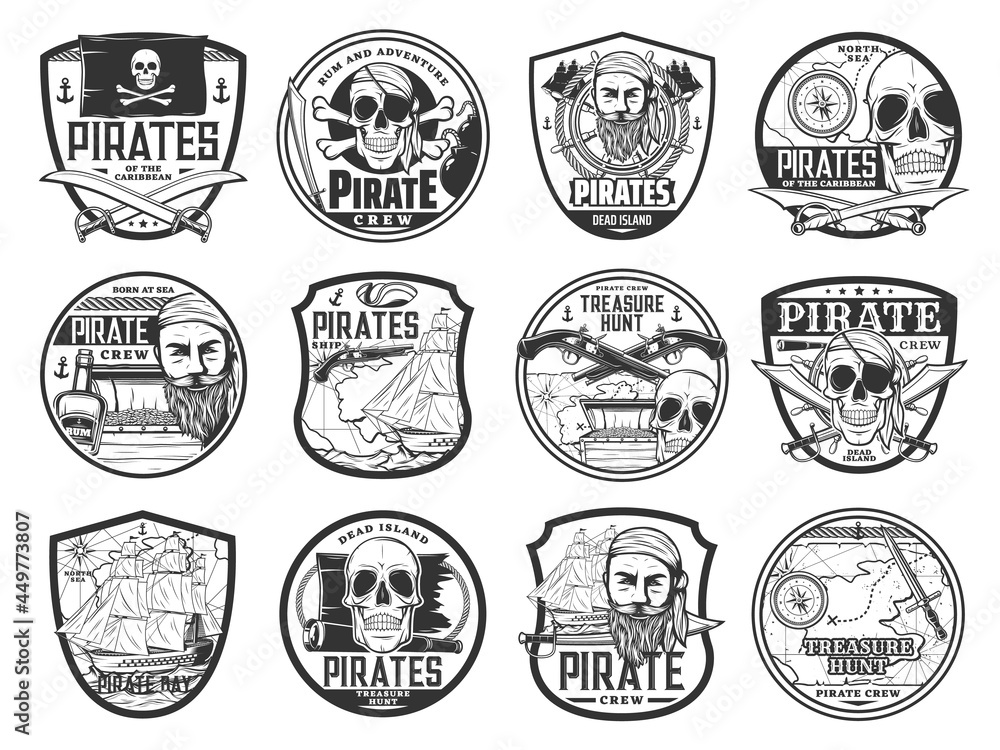 Caribbean pirate and corsair isolated icons with vector pirate captain, map, ship, skull, black flag and eye patch. Treasure chest, boat, helm and rum, sword, parrot, cannon and gun badges of piracy