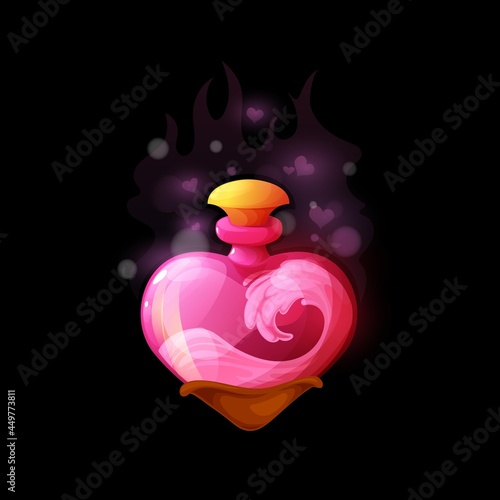 Cartoon love potion bottle, vector heart shaped flask with pink liquid. Magic elixir ui design element for magical game. Passion witch poison with sparks, alchemy object isolated on black background