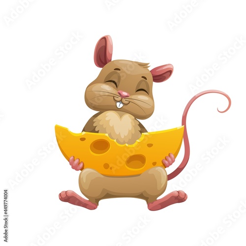 Happy cartoon mouse with cheese. Cute vector rat character bite large piece of cheese with holes isolated on white background. Funny overeat rodent animal or pet, fairy tale book or game personage
