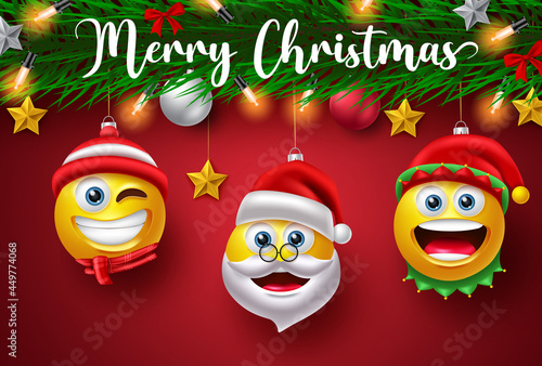 Christmas emoji character vector design. Merry christmas text with santa claus, elf and smiley characters hanging for xmas holiday decoration background. Vector illustration
