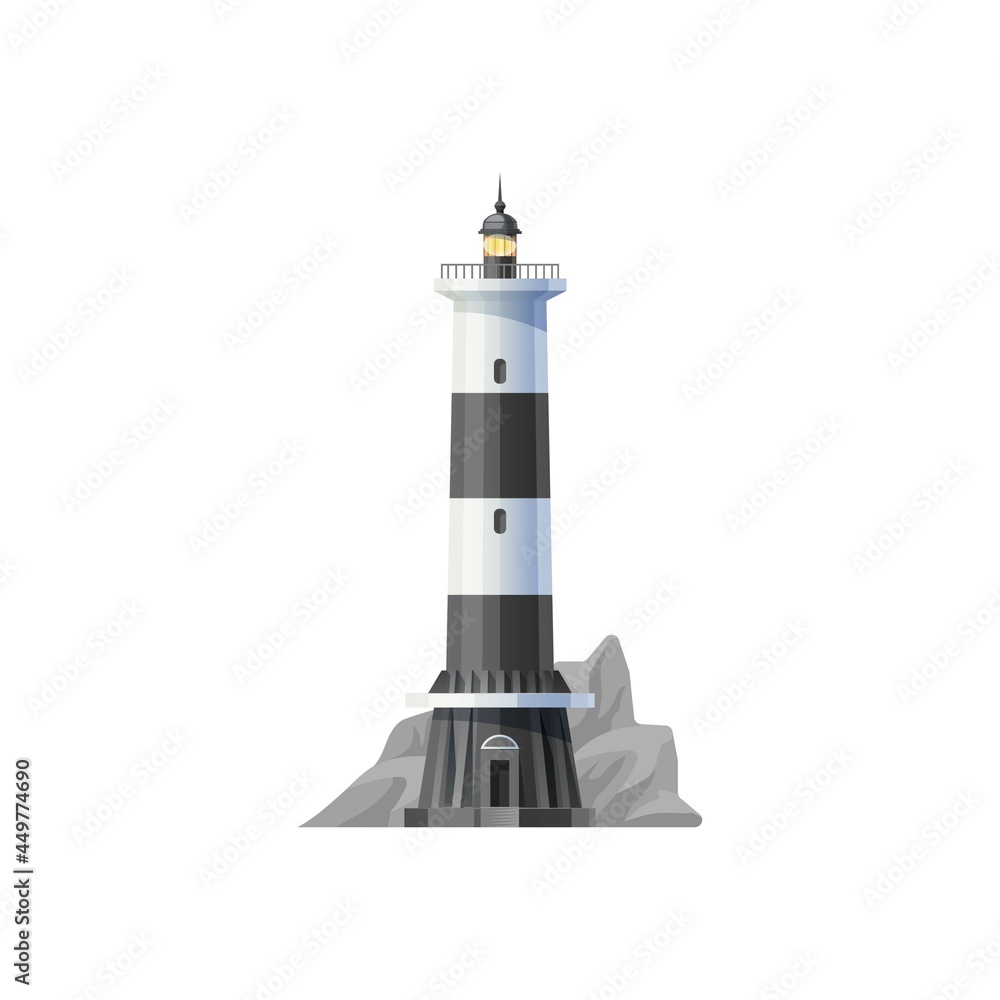 Lighthouse vector icon, beacon or sea light house and coast tower in the rocks. Lighthouse beacon for ships navigation and safe seafaring, ocean harbor port light guide and night signal Lighthouse vector icon, beacon or sea light house and coast tower in the rocks. Lighthouse beacon for ships navigation and safe seafaring, ocean harbor port light guide and night signal