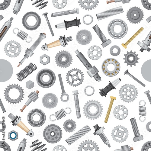 Machinery metal spare parts seamless pattern. Screw-bolts and nuts, bearing and cogwheel, shock absorber steel springs, sleeve and shim washers vector. Industrial machine, car elements background