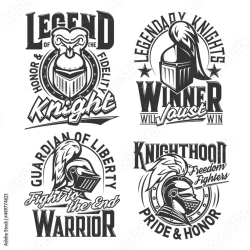 Tshirt prints with knight heads, vector mascots for fight or sport club apparel. Medieval soldiers, warriors helmet with plumage and visor front and side view. T shirt print or emblems with typography