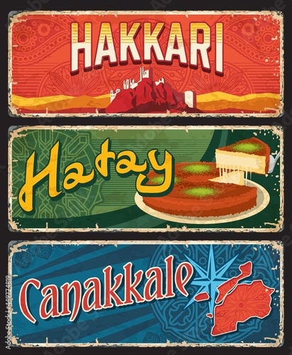 Hakkari, Hatay and Canakkale il, province plates, vector banners of touristic Turkish landmarks with traditional pie, wind rose, rocks and islamic ornament. Retro grunge boards, travel plaques set photo
