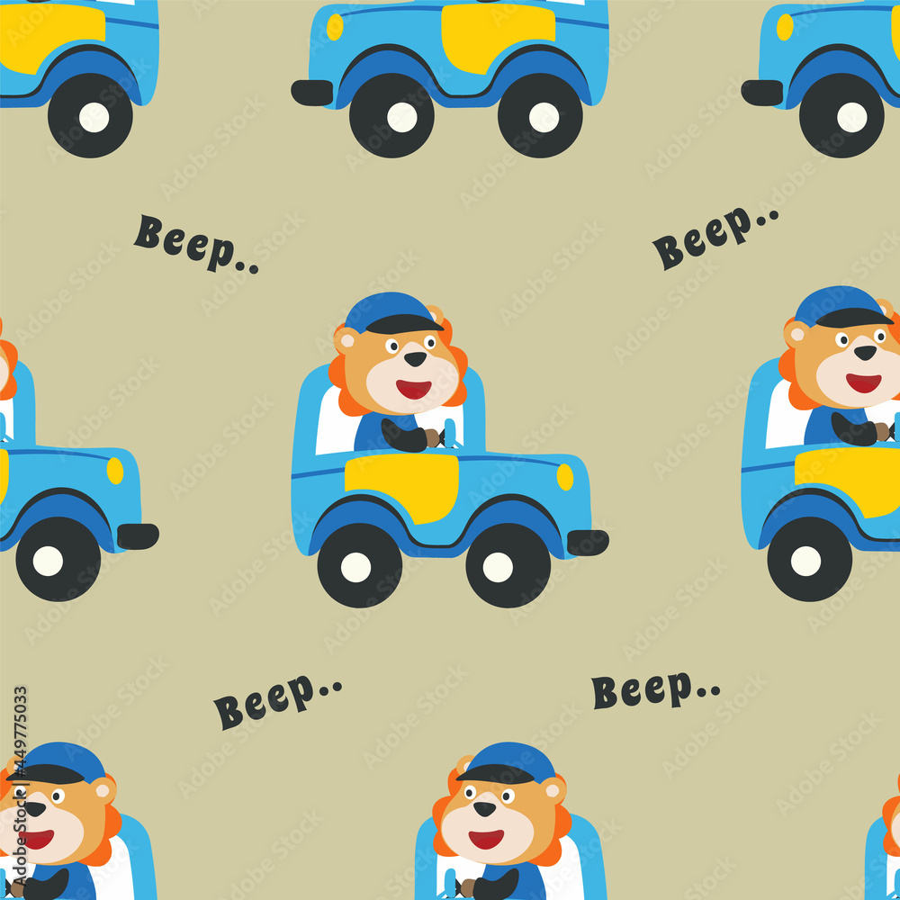 Seamless pattern texture with funny tiger driving car in the road on sunny day. For fabric textile, nursery, baby clothes, background, textile, wrapping paper and other decoration. Seamless pattern texture with funny tiger driving car in the road on sunny day. For fabric textile, nursery, baby clothes, background, textile, wrapping paper and other decoration.