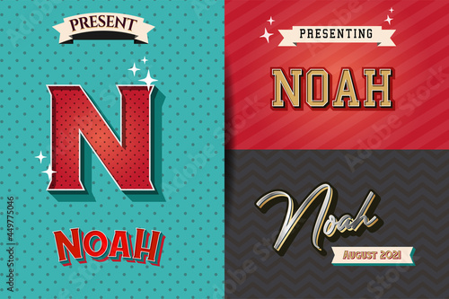 name Noah in various Retro graphic design elements, set of vector Retro Typography graphic design illustration