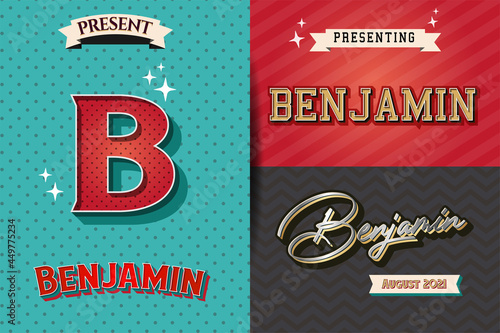 name Benjamin in various Retro graphic design elements, set of vector Retro Typography graphic design illustration