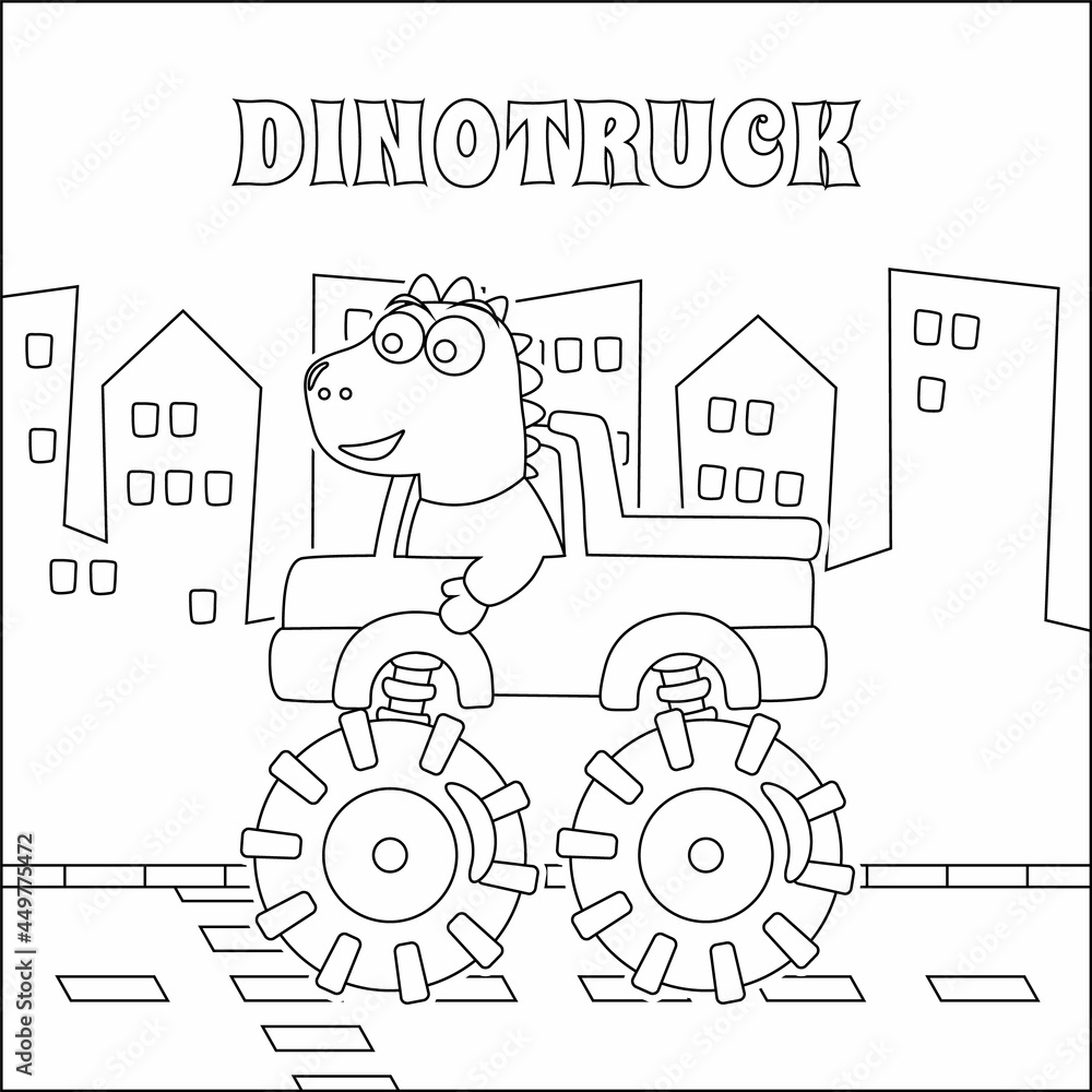 Vector illustration of monster truck with cute dinosaur driver. Cartoon isolated vector illustration, Creative vector Childish design for kids activity colouring book or page.